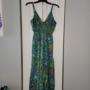 Royal Paisley Green Floral V-Neck Maxi Dress with Smocked Waist Adjustable Strap